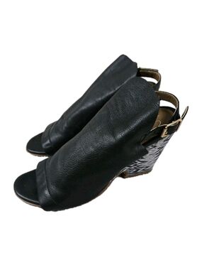 Luisa D'orio Frieda Open Toe Wedge Heels Size 7 Soft Black Leather Geometric